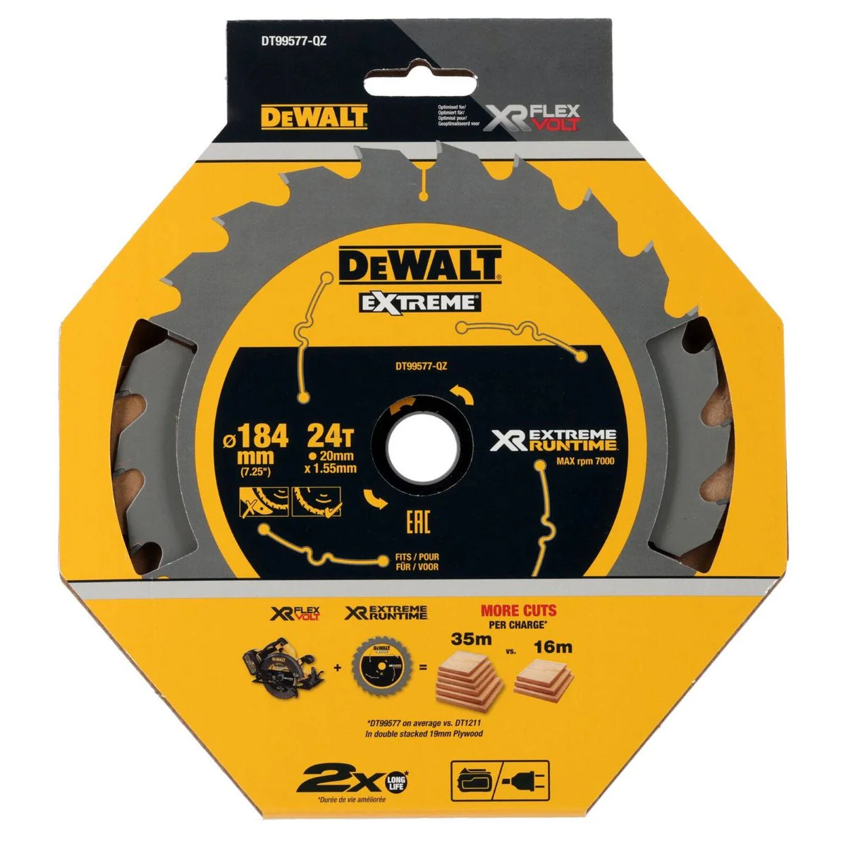 Dewalt 184mm 24t XR Circular Saw Blade - DT99577-QZ - 20mm Bore - Image 2