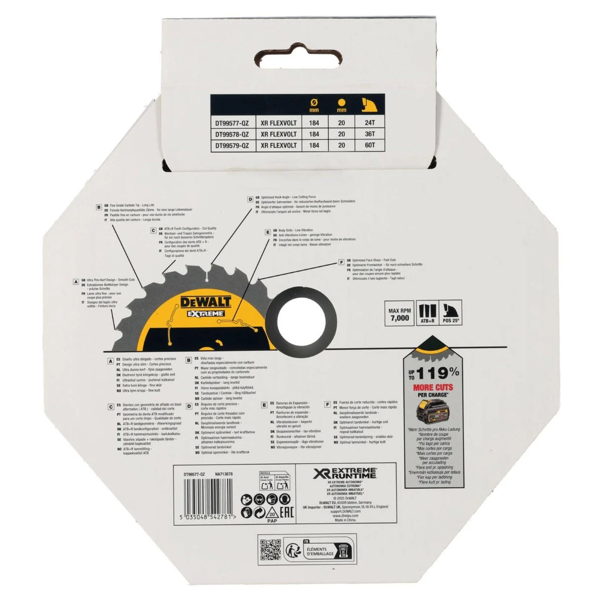 Dewalt 184mm 24t XR Circular Saw Blade - DT99577-QZ - 20mm Bore - Image 3