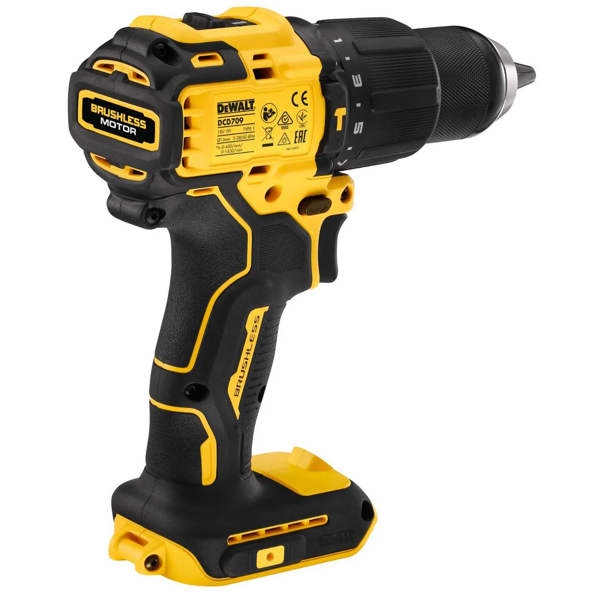 Dewalt 18V XR Compact Brushless Hammer Drill Driver DCD709N-XJ - 175mm - 1.2kg - 65Nm Torque - LED Light - Image 3