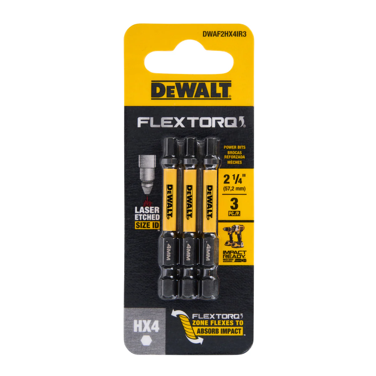 Dewalt Flextorq Screwdriver Bit 3 Pack - 57mm Hex4 - Impact Absorption - Image 2