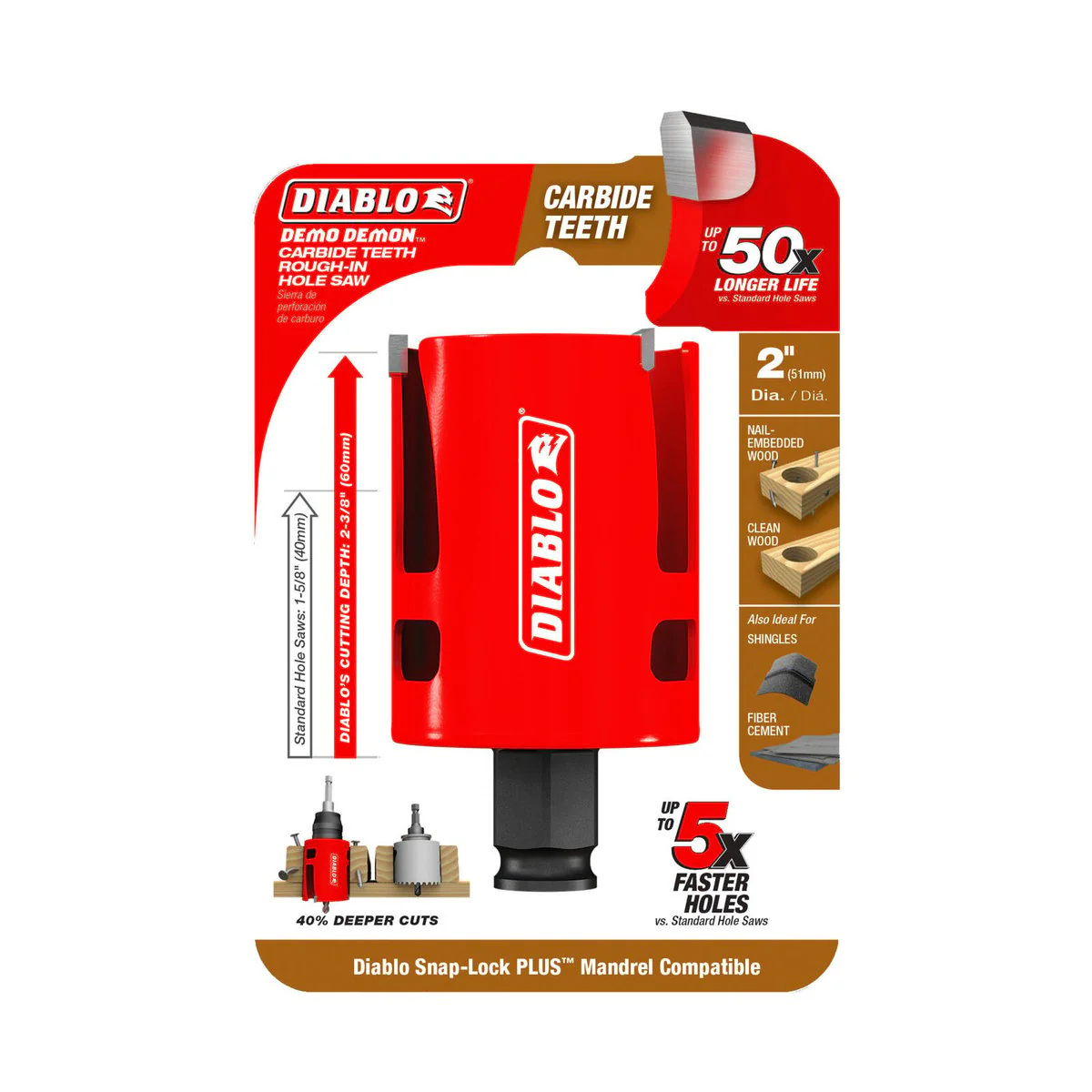 Diablo 2 Demo Demon Carbide Teeth Rough in Hole Saw - 60mm Cutting Depth - Enhanced Longevity