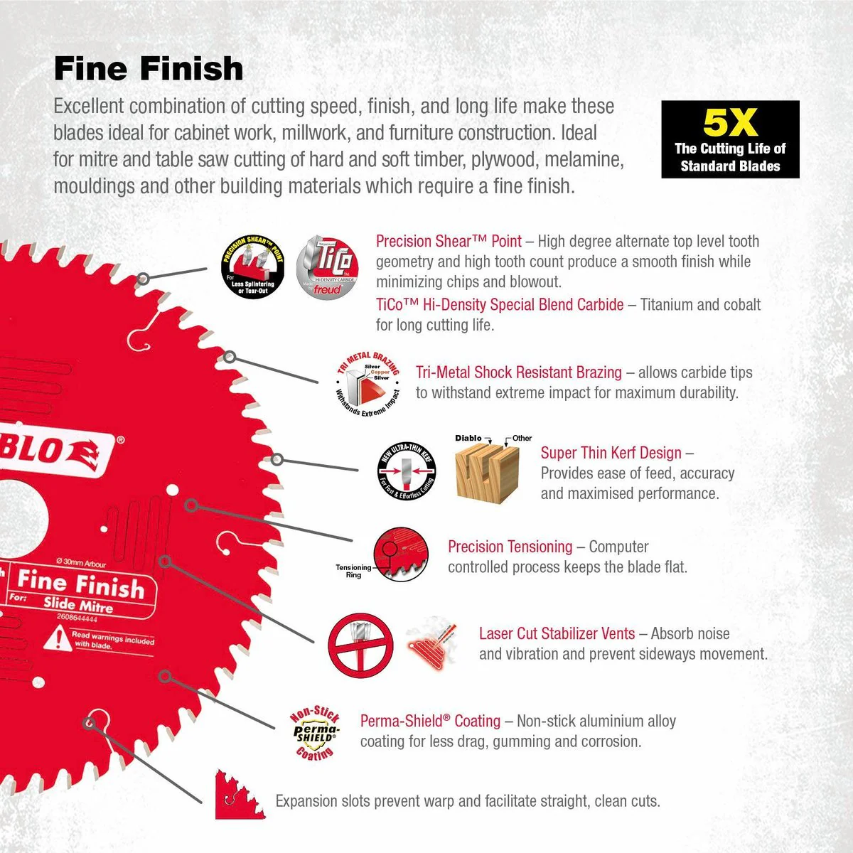 Diablo 216mm Fine Finish Circular Saw Blade - 60 Teeth - Red - Image 3