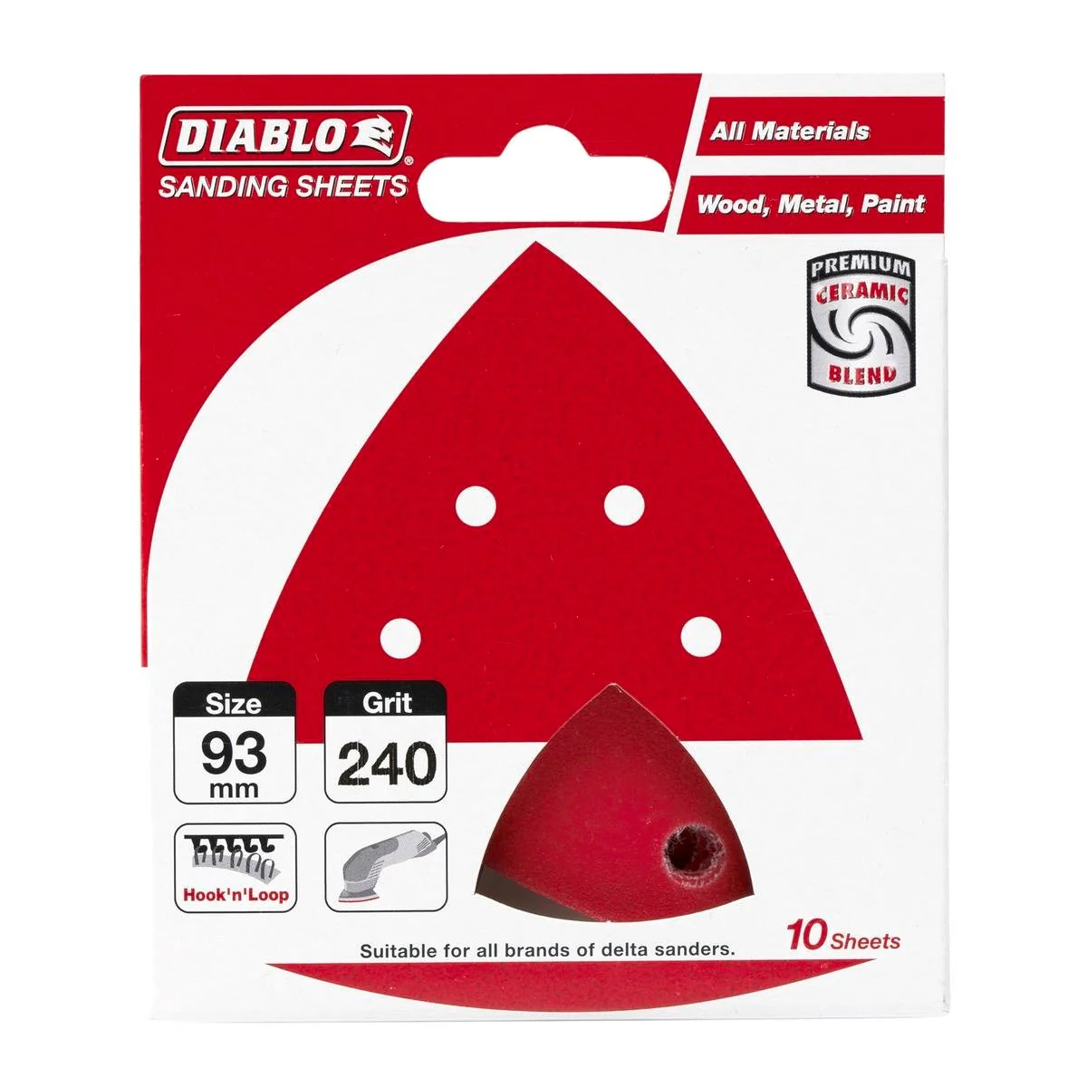 Diablo 240 Grit Abrasive Detail Sander Sheets 10 Pack - 93mm x 93mm - Red