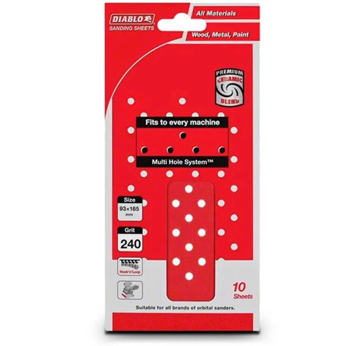 Diablo 240 Grit Abrasive Orbital Sheet 93x185mm 10 Pack Red
