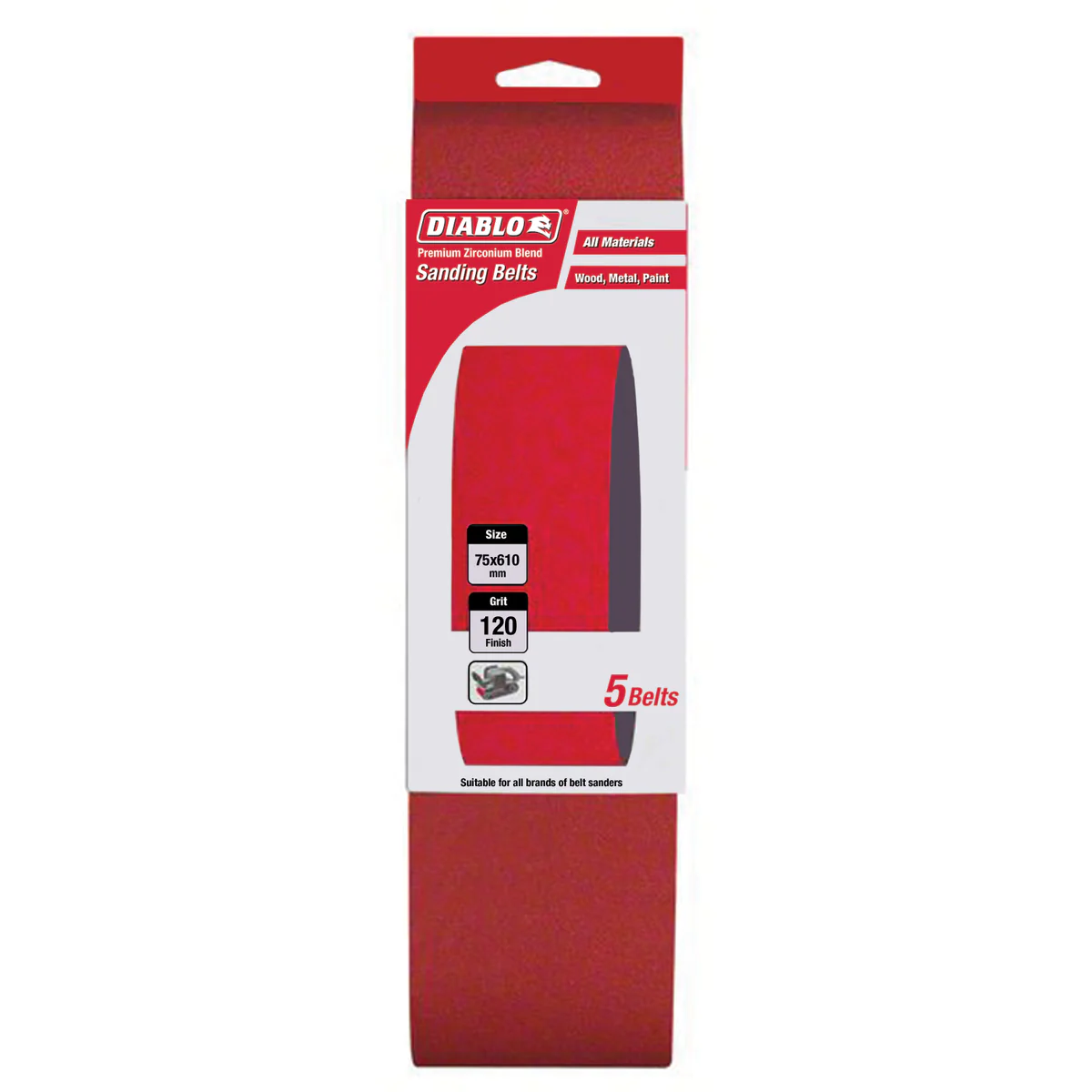 Diablo 75 x 610mm Abrasive Belt 5 Pack - 120 Grit - Red