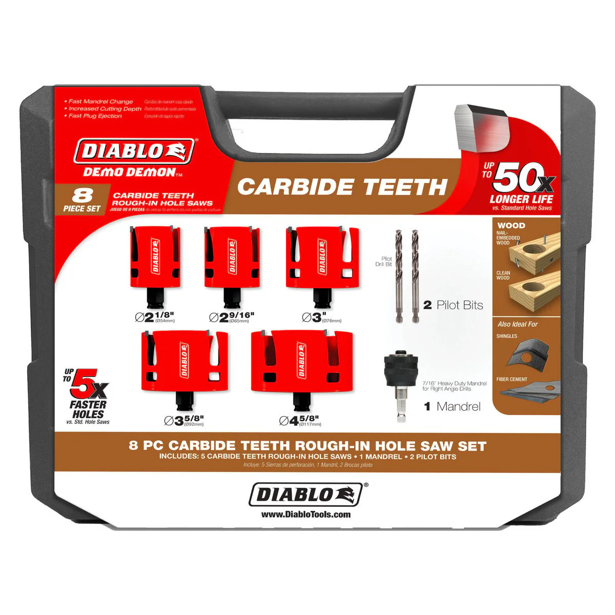 Diablo 8 Piece Demo Demon Carbide Teeth Hole Saw Set - 60mm Cutting Depth - Fast Cutting