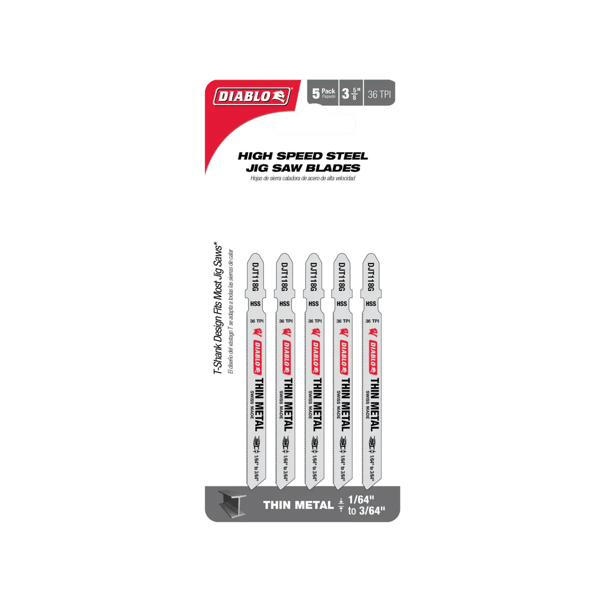 Diablo 92mm High Speed Steel Jig Saw Blade - Thin Metal Cutting - 5 Pack