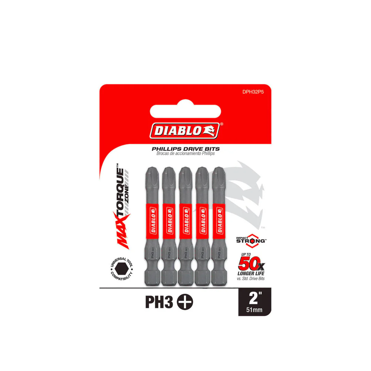 Diablo Power Bit PH3 2 - 5 Pack - 73.03mm x 6.35mm x 98.43mm - Durability & Impact Resistance