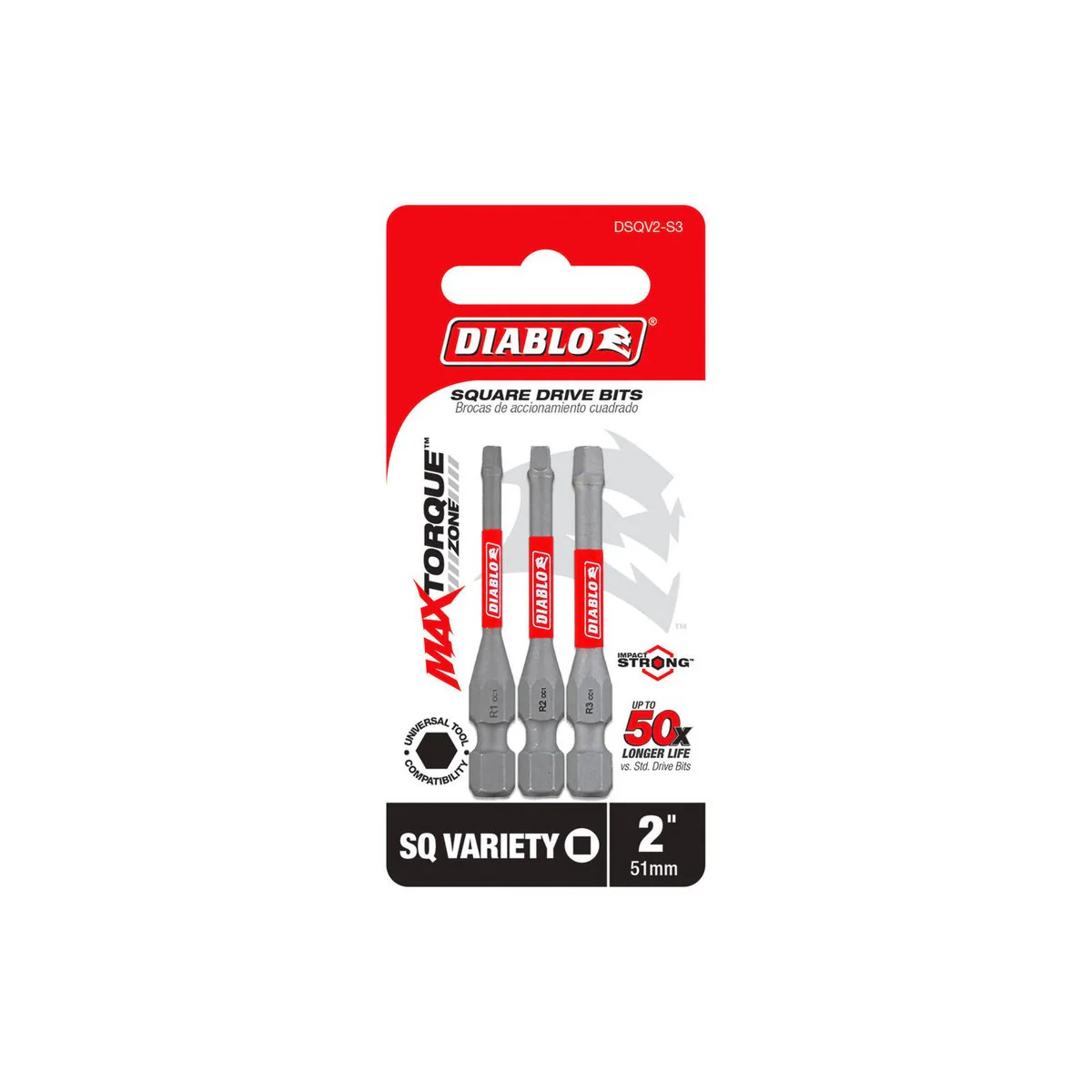 Diablo Power Bit Sq Variety 2 - 3 Pack - 46mm x 6.35mm x 98.43mm - Durability, Impact Resistance