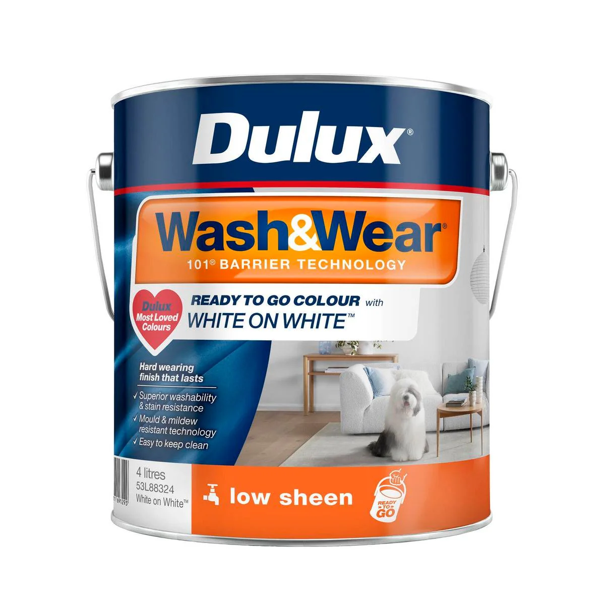 Dulux 4L White on White Low Sheen Interior Paint - Washable - 4L