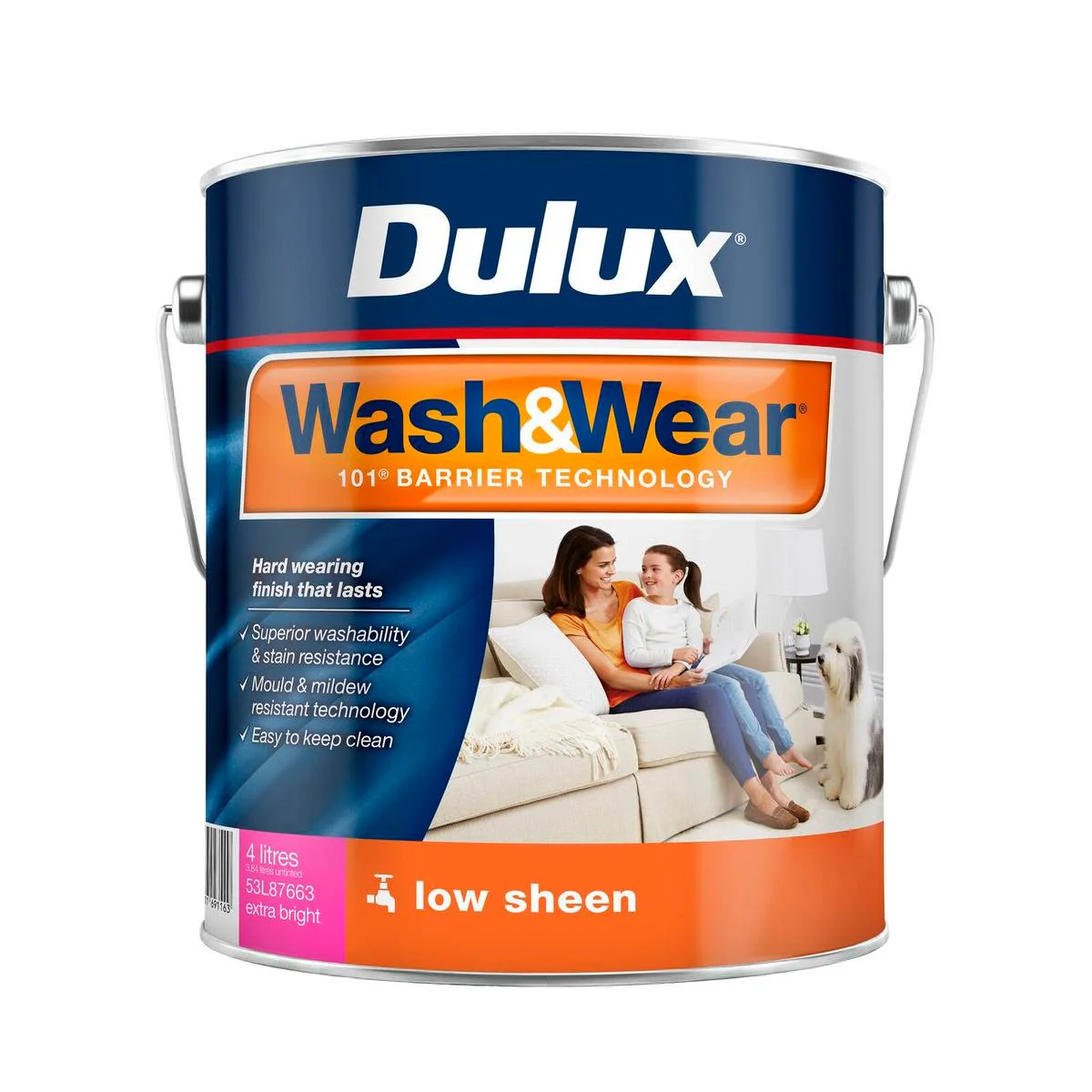 Dulux Extra Bright Low Sheen Wash Wear Interior Paint 4L - 101 Barrier Technology - Washable - Mould Resistant