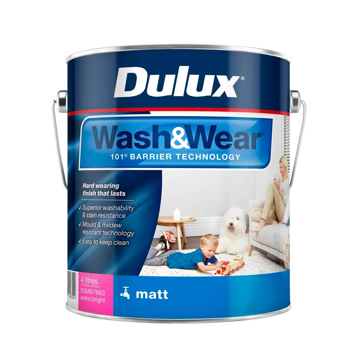 Dulux Extra Bright Wash Wear Matt Interior Paint 4L - 192mm x 179mm - Washable, Durable