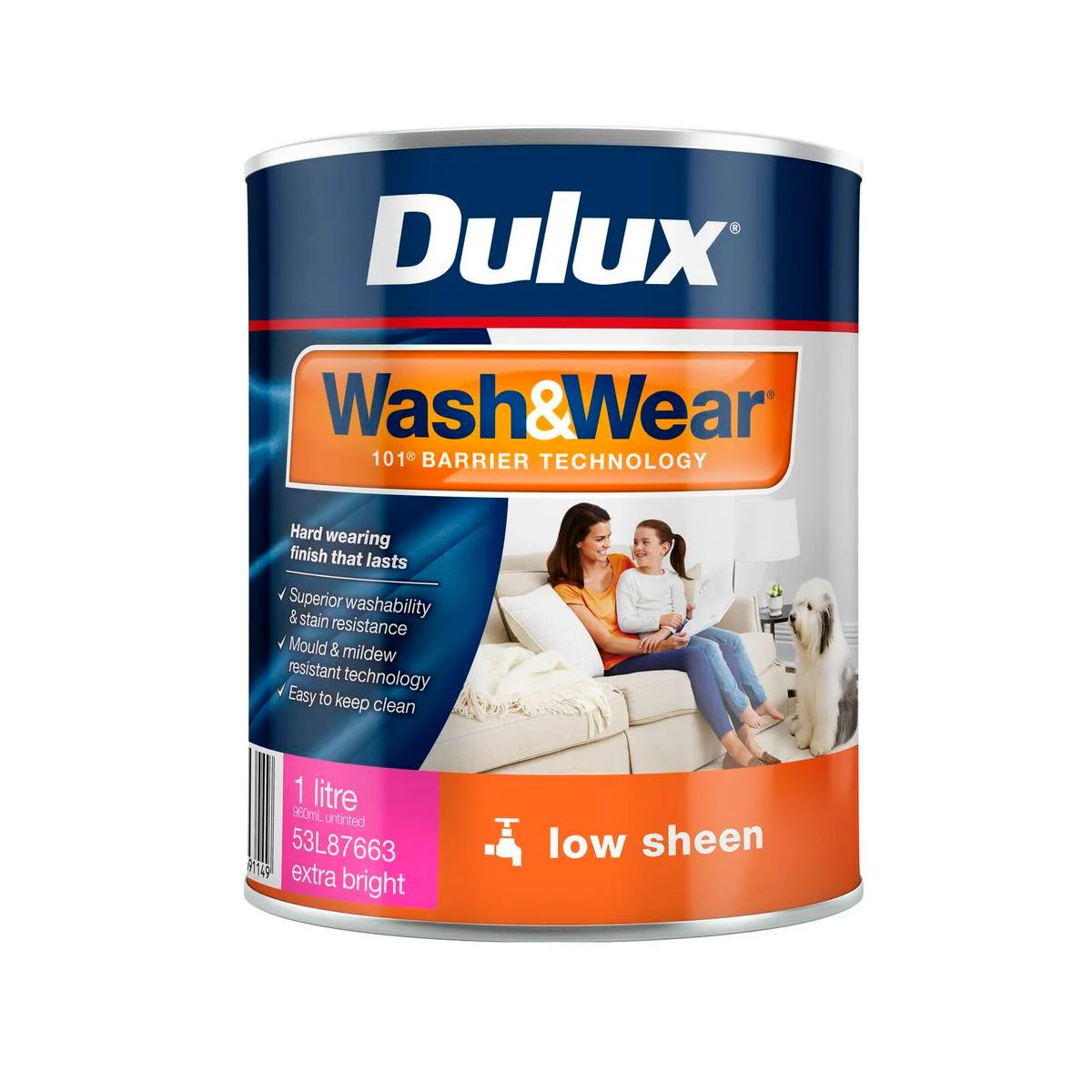 Dulux Interior Paint Wash Wear Low Sheen Extra Bright 1L - 1L - Stain Resistant, Easy Clean