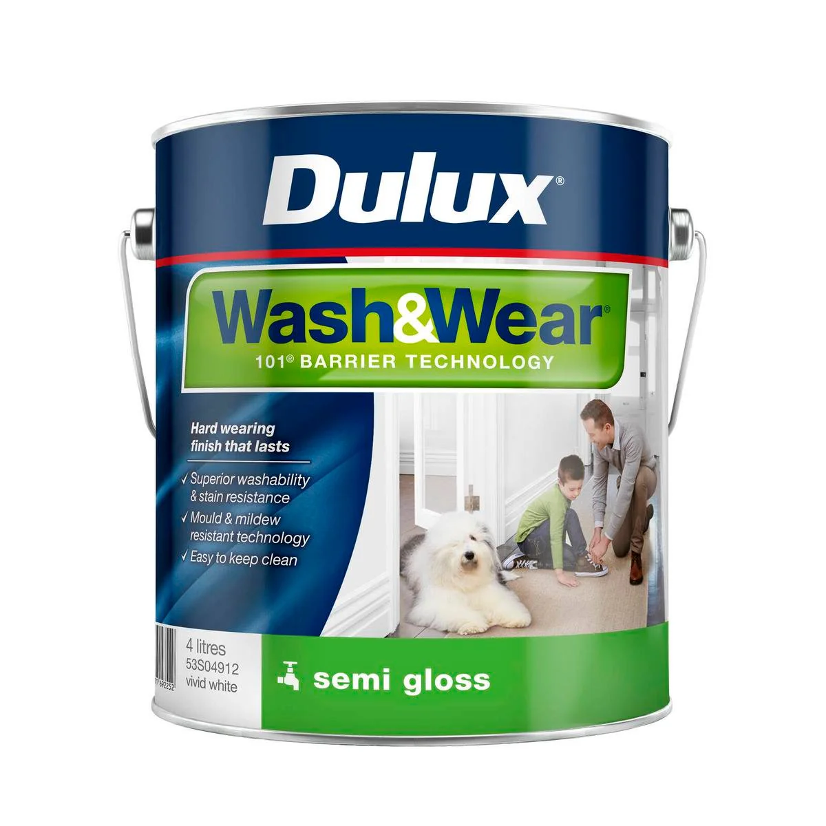 Dulux Interior Paint Wash Wear Semi Gloss 4L Vivid White - Stain Resistant - Easy Clean