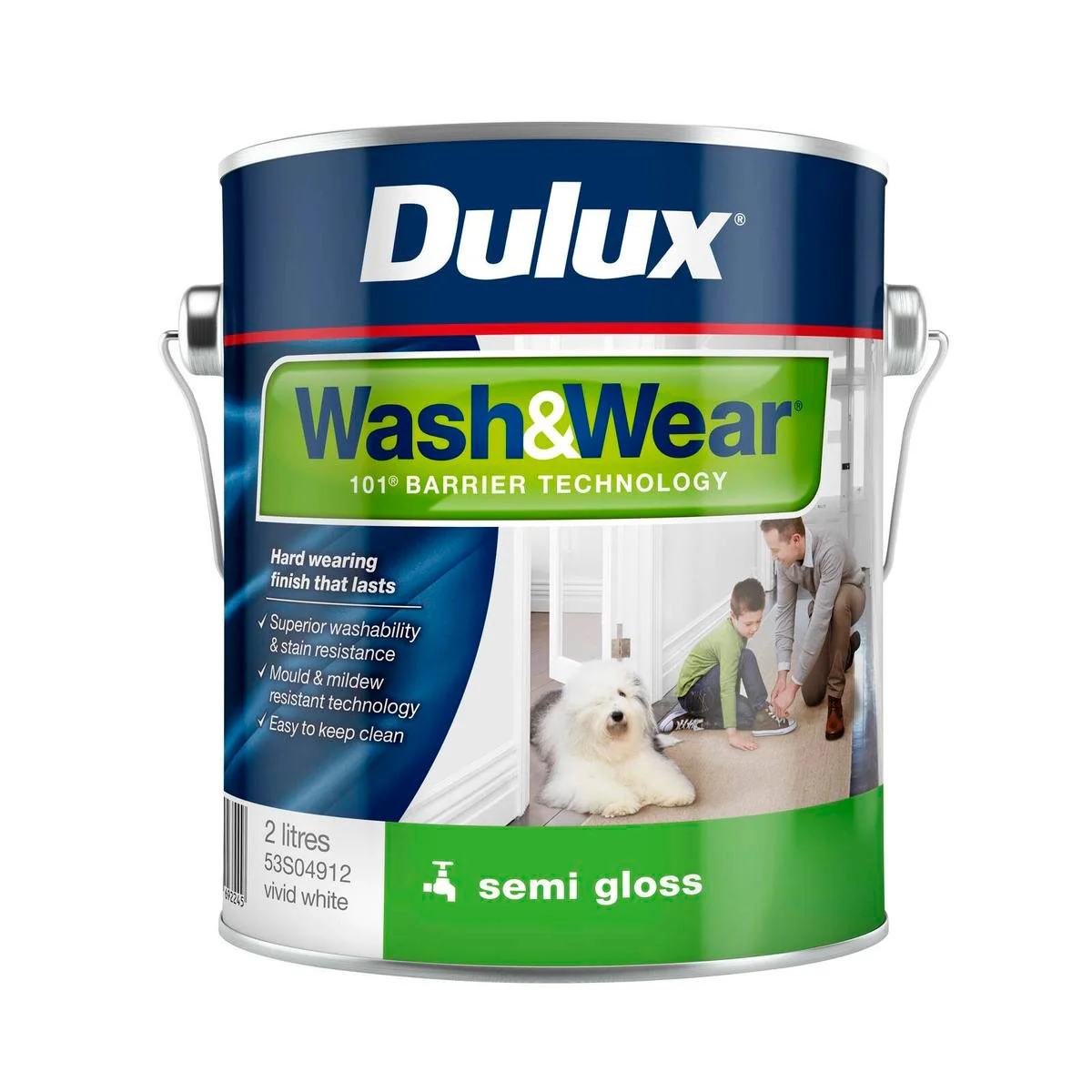 Dulux Vivid White Wash Wear Semi Gloss Interior Paint 2L - 2.769kg - Stain Resistant