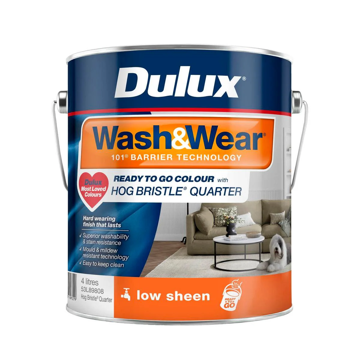 Dulux Wash Wear Low Sheen Interior Paint 4L - Hog Bristle - Easy Clean - Low VOC