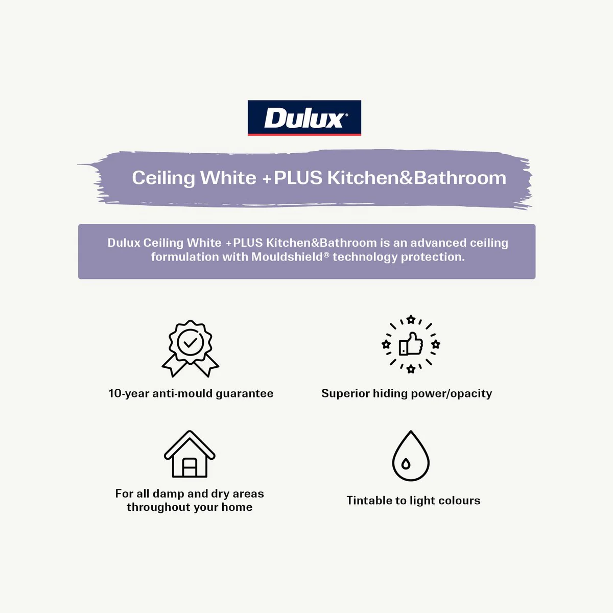Dulux White Ceiling Plus Kitchen and Bathroom Paint 1L - 1.574kg - Mouldshield Protection - Flat Finish - Image 2