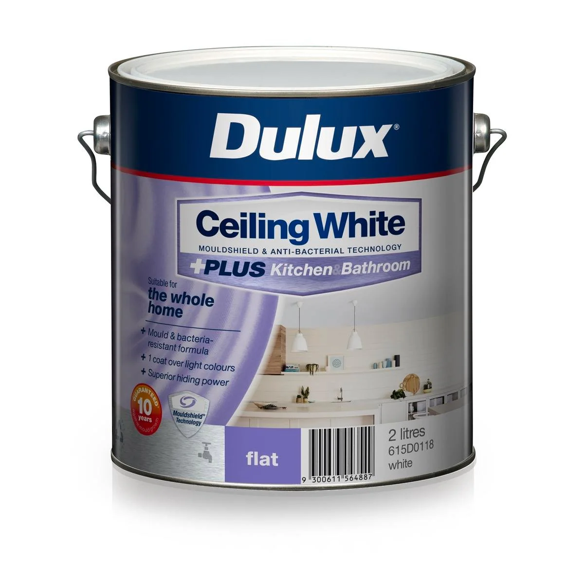 Dulux White Ceiling Plus Kitchen and Bathroom Paint - 2L - Water-Based - Mould Protection