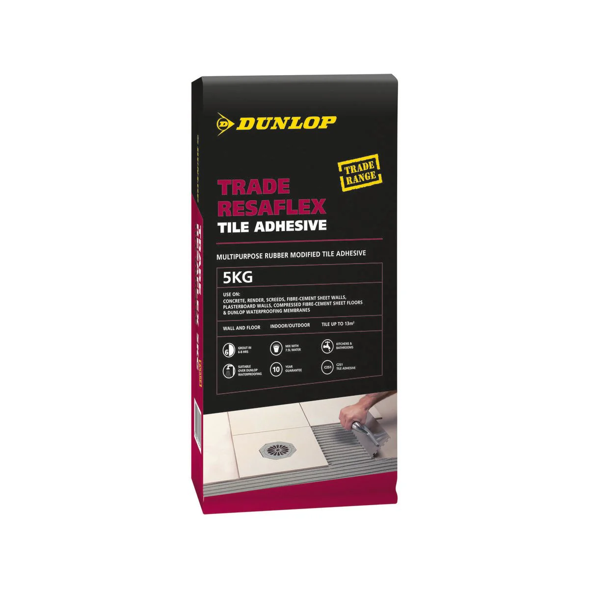 Dunlop 5kg Trade Resaflex Tile Adhesive - Rubber Modified - C2S1 - Indoor Outdoor