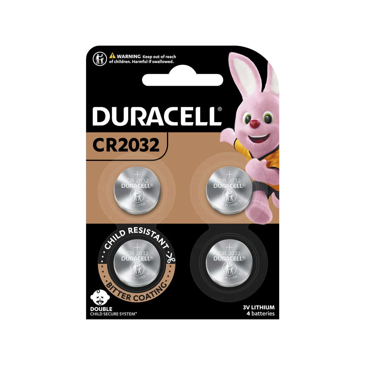 Duracell CR2032 3V Battery 4 Pack - Lithium Coin - 10 Year Shelf Life - Silver