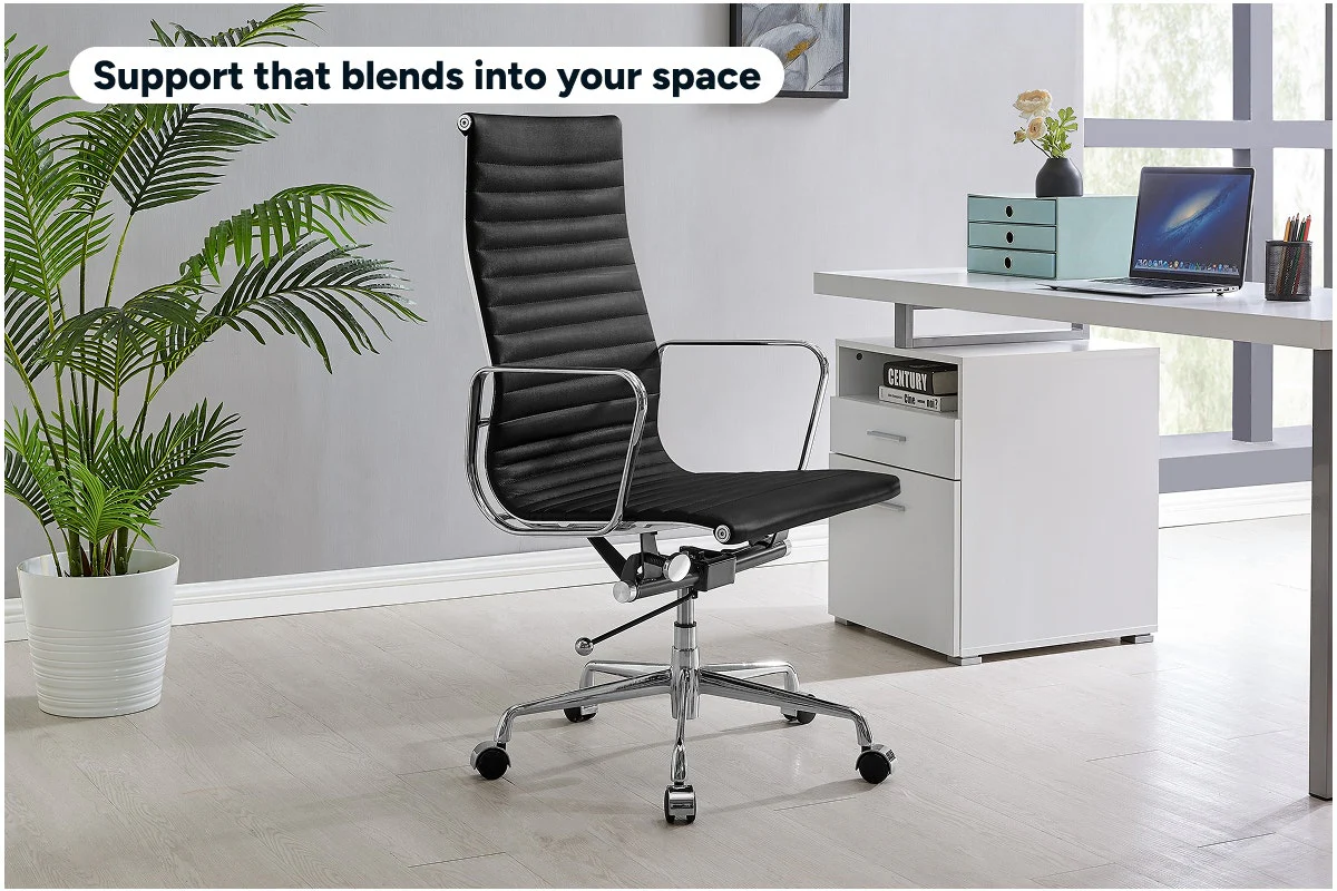 Eames High Back Leather Office Chair in Black with Chrome Frame - Image 3