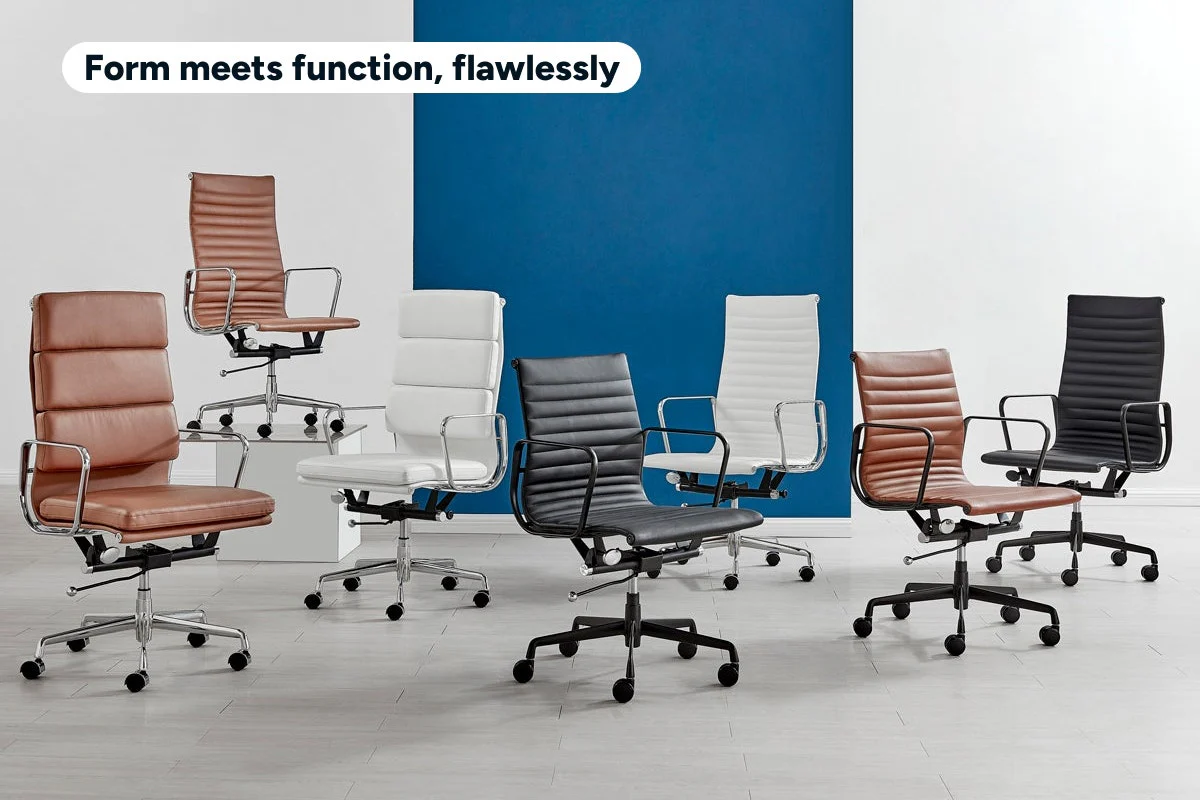 Eames High Back Leather Office Chair in Black with Chrome Frame - Image 4