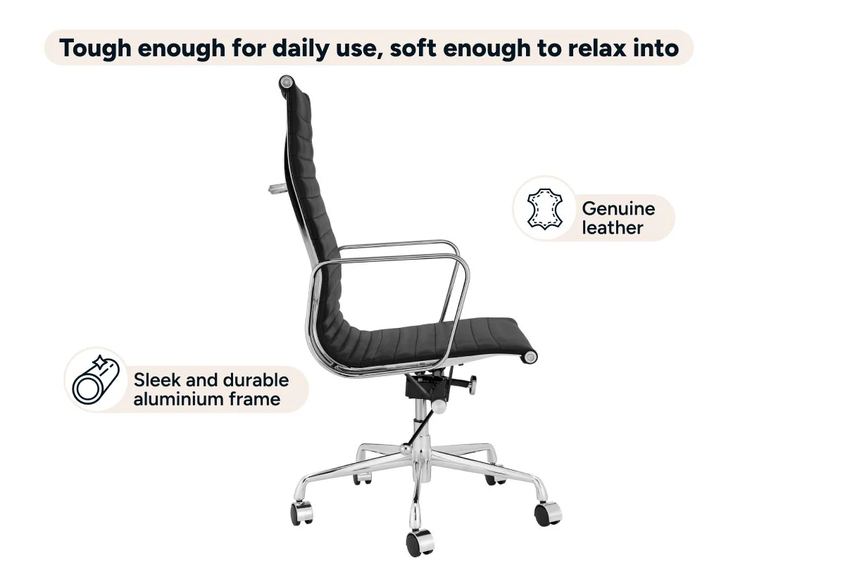 Eames High Back Leather Office Chair in Black with Chrome Frame - Image 8