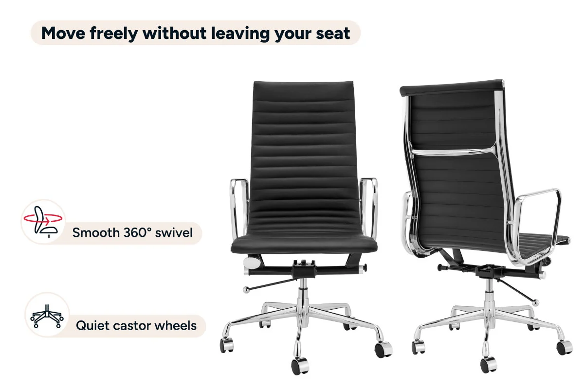 Eames High Back Leather Office Chair in Black with Chrome Frame - Image 9