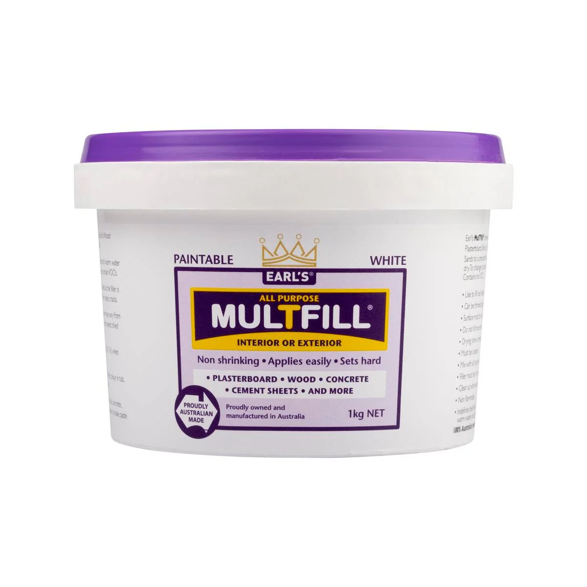 Earl S White Multfill Ready to Use Filler 1kg - 120mm x 83mm x 120mm - Easy Sanding
