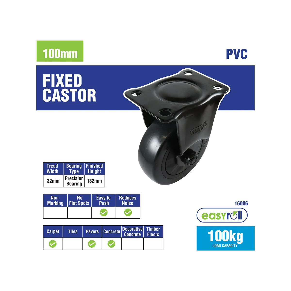 Easyroll 100mm Fixed Castor - Black PVC - Durable & Shock Absorbent - Image 4