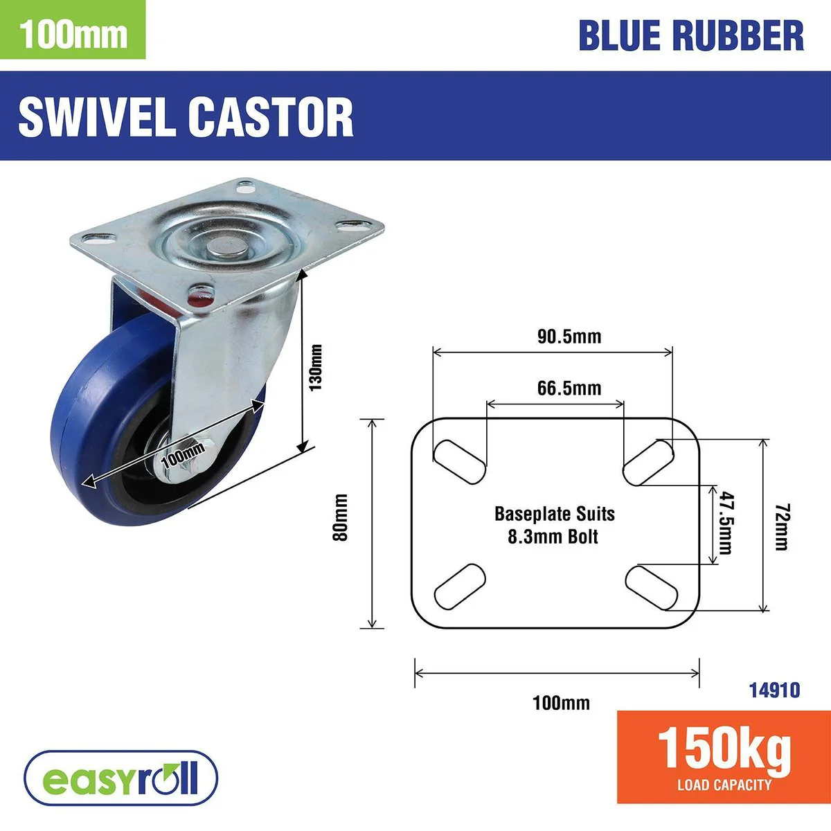 Easyroll Castor - 100mm - Blue Elastic Rubber - Heavy Duty - Image 4