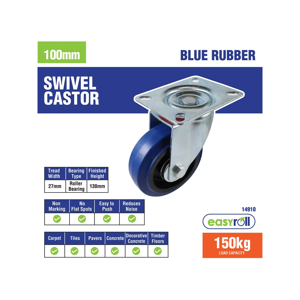Easyroll Castor - 100mm - Blue Elastic Rubber - Heavy Duty - Image 5