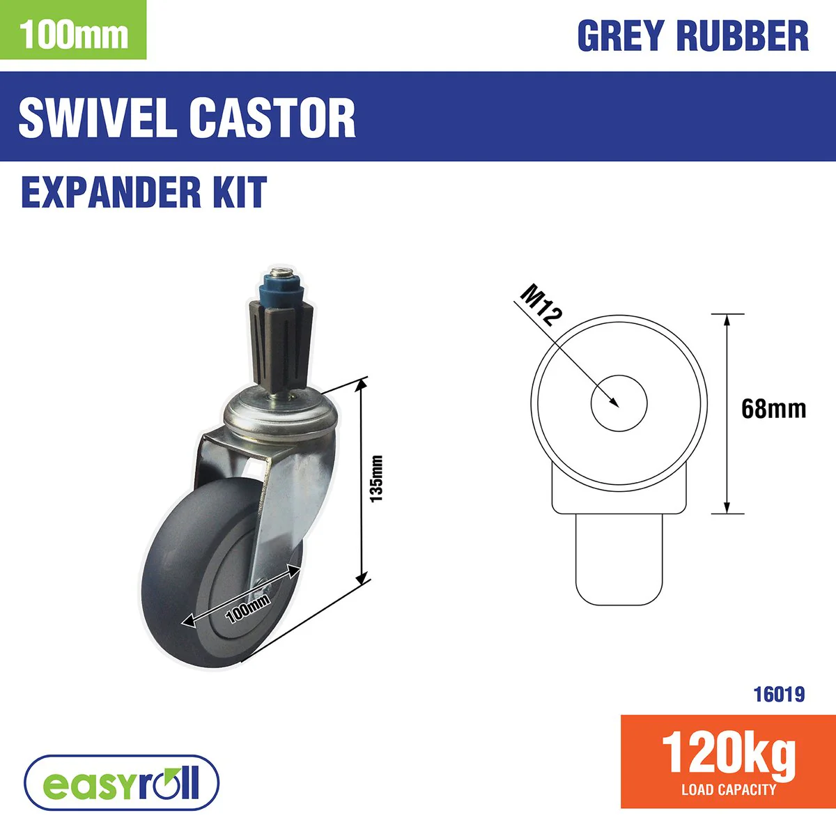 Easyroll Castor Xpan Kit - 100mm - Rubber - 120kg Load Rating - Image 2