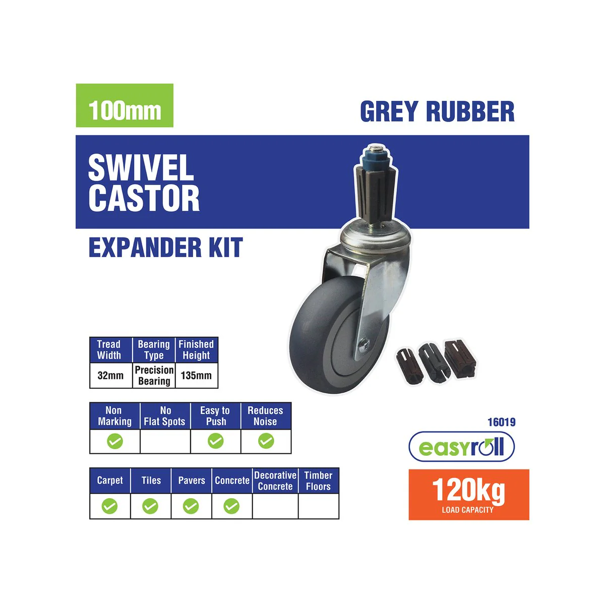 Easyroll Castor Xpan Kit - 100mm - Rubber - 120kg Load Rating - Image 3