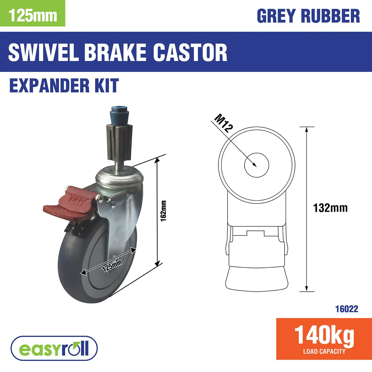Easyroll Castor Xpan Kit - 125mm - Grey Rubber - Smooth Rolling - Image 2