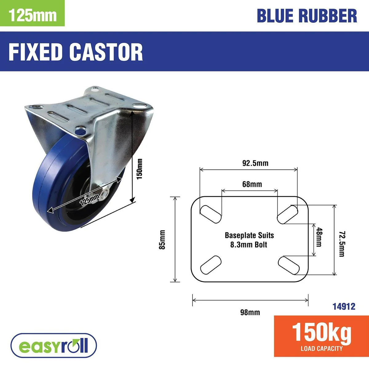 Easyroll Fixed Castor - 125mm - Blue Elastic Rubber - Non-Marking - Image 4