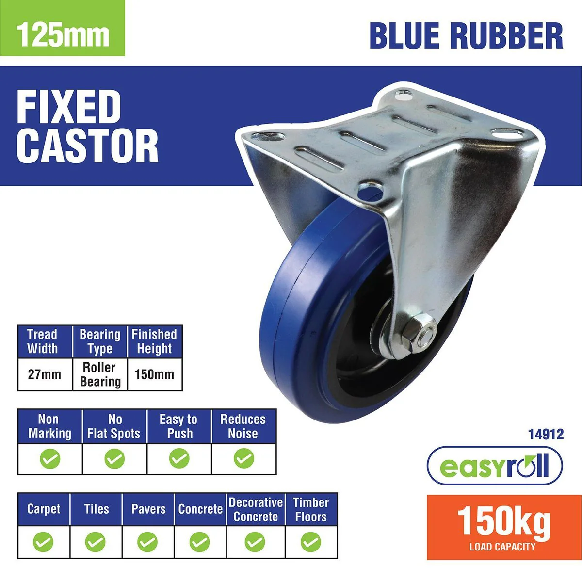 Easyroll Fixed Castor - 125mm - Blue Elastic Rubber - Non-Marking - Image 5