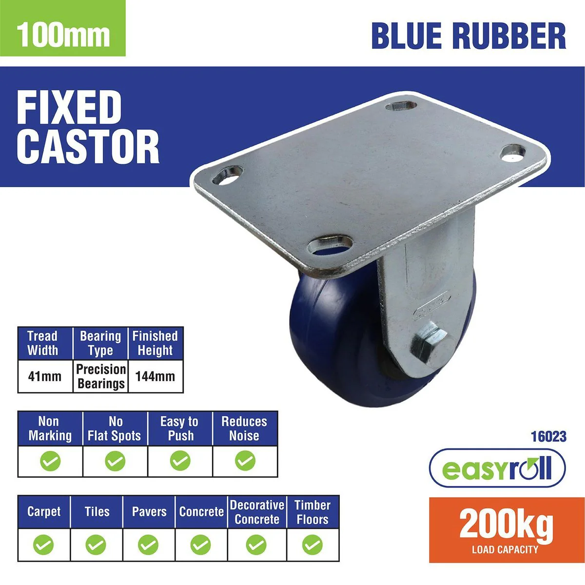 Easyroll Fixed Plate Castor - 100mm - Blue Rubber - Non Marking - Image 5