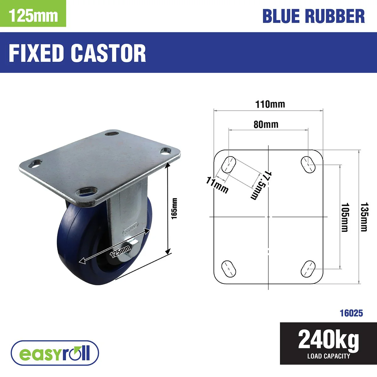 Easyroll Fixed Plate Castor - 125mm - Blue Elastic Rubber - Non-Marking - Image 2