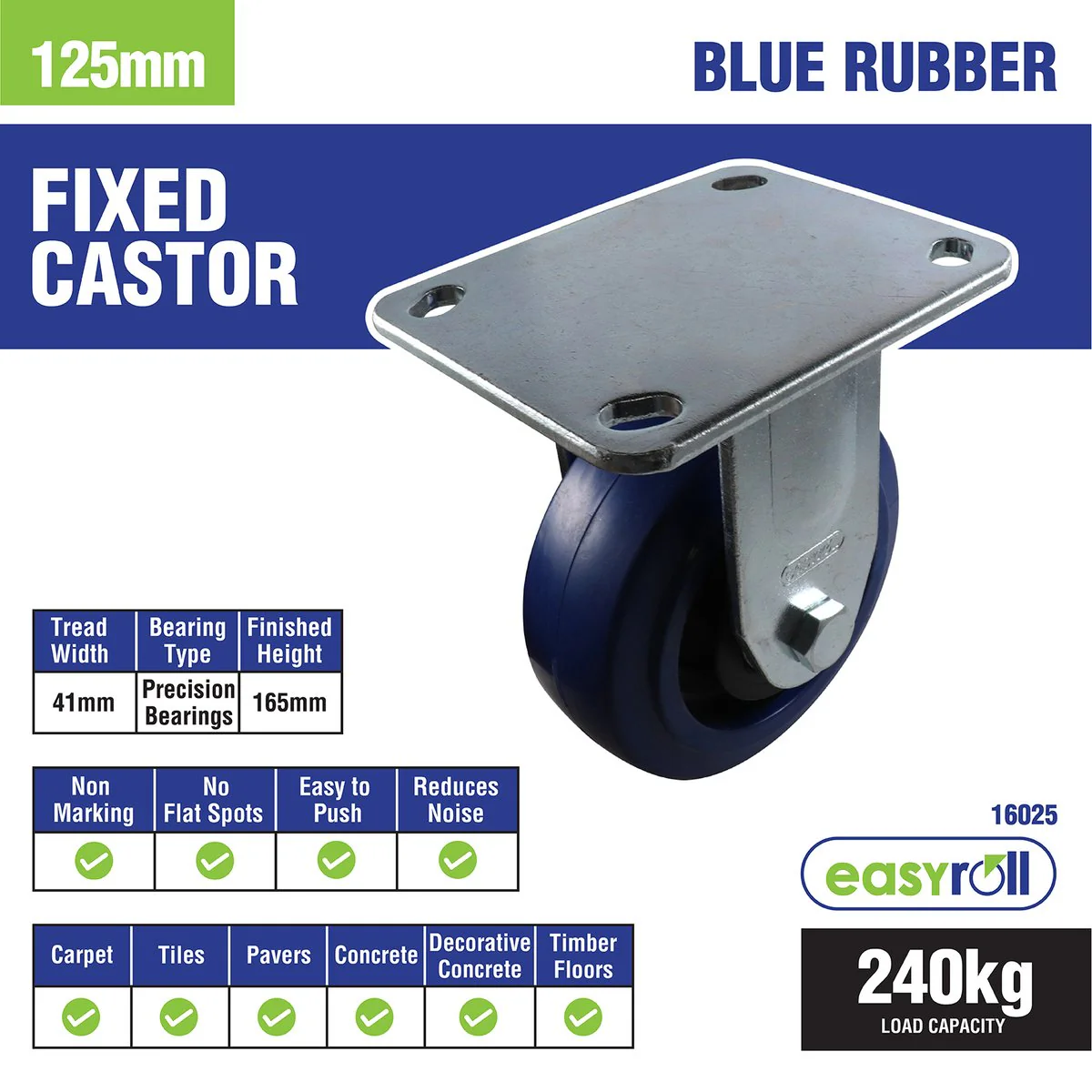 Easyroll Fixed Plate Castor - 125mm - Blue Elastic Rubber - Non-Marking - Image 3