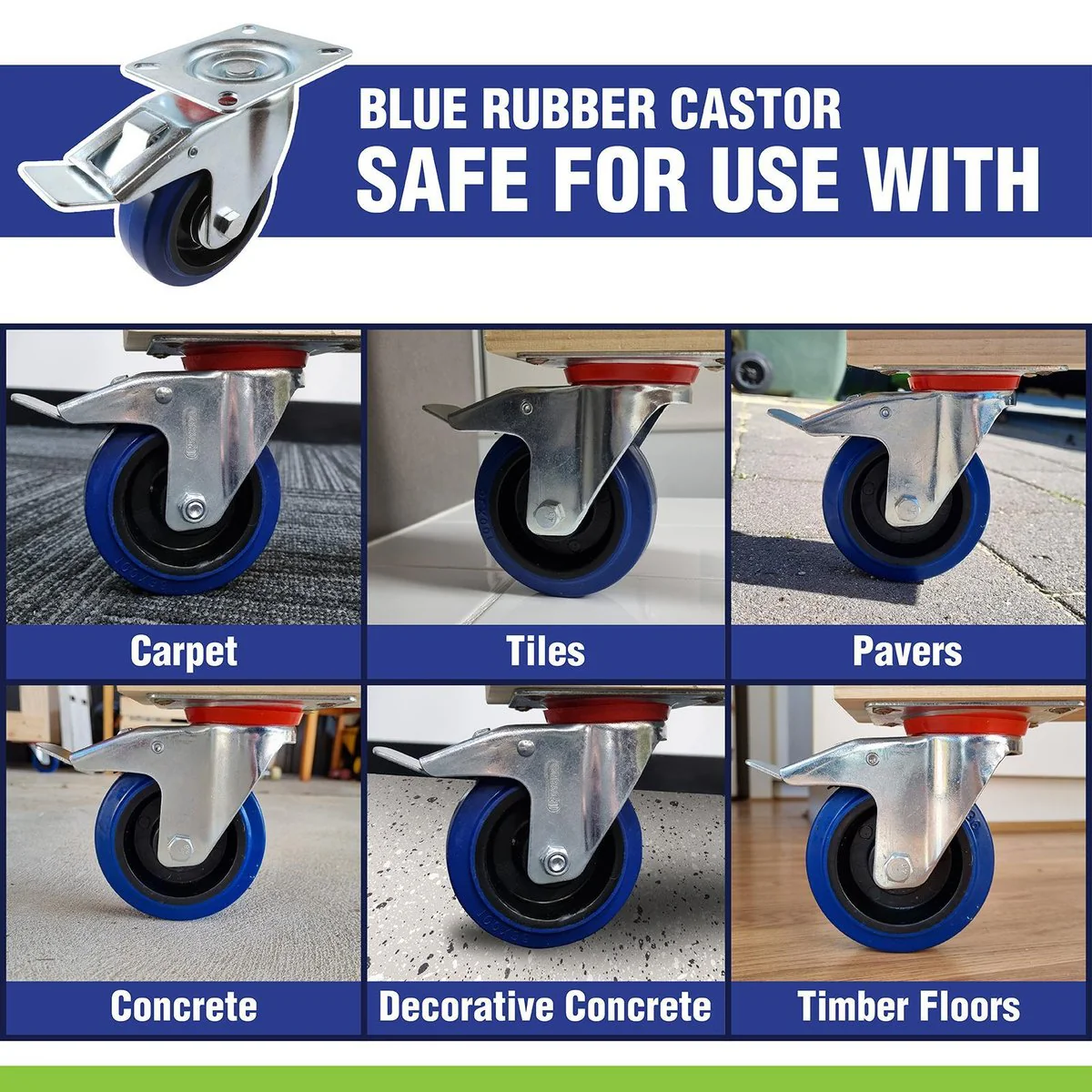Easyroll Heavy Duty Castor - 75mm - Blue Rubber - Non-Marking - Image 4