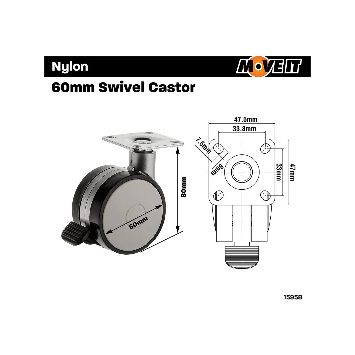 Easyroll Office Swivel Brake Castor - 60mm - Nylon/Steel - 30kg Load - Image 2