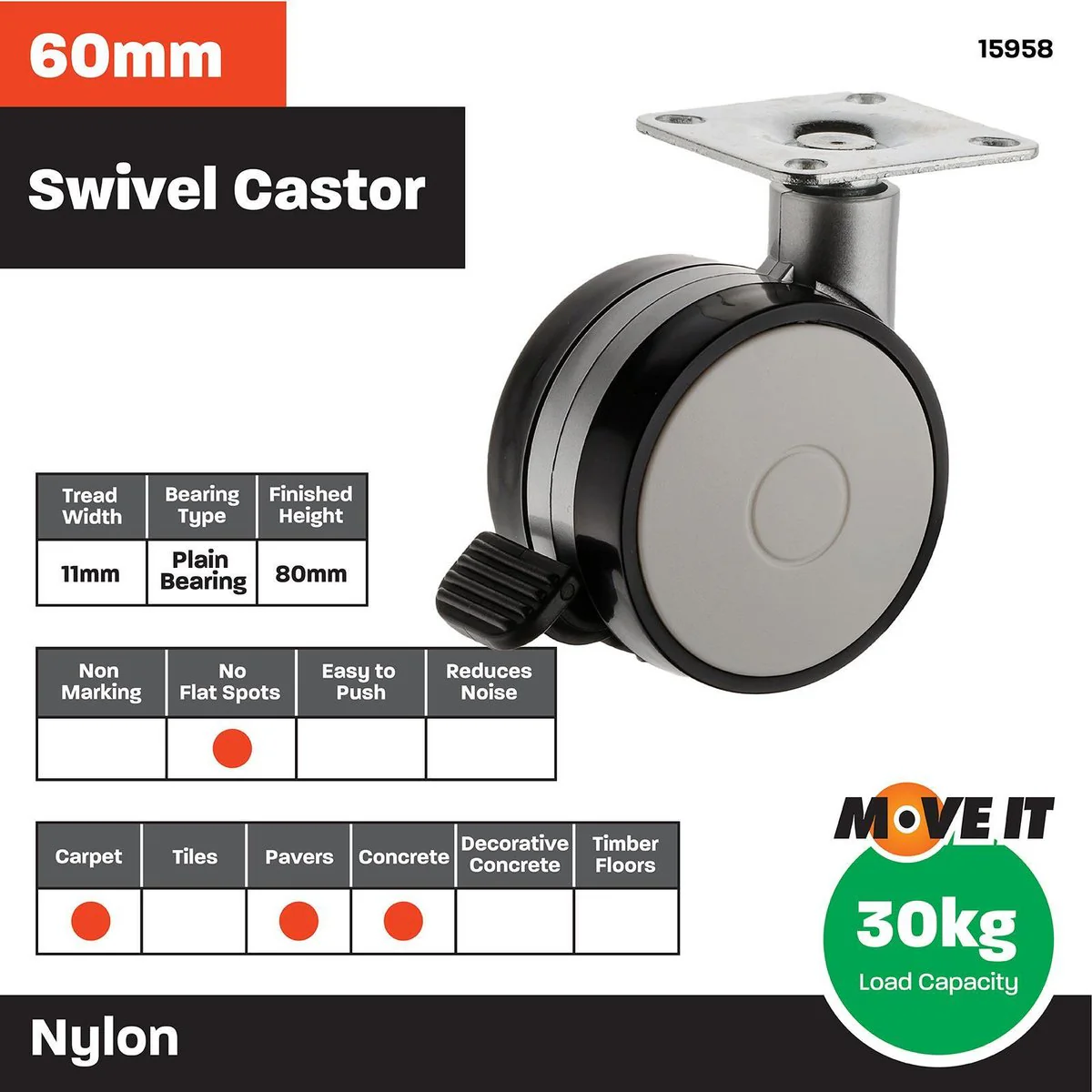 Easyroll Office Swivel Brake Castor - 60mm - Nylon/Steel - 30kg Load - Image 3