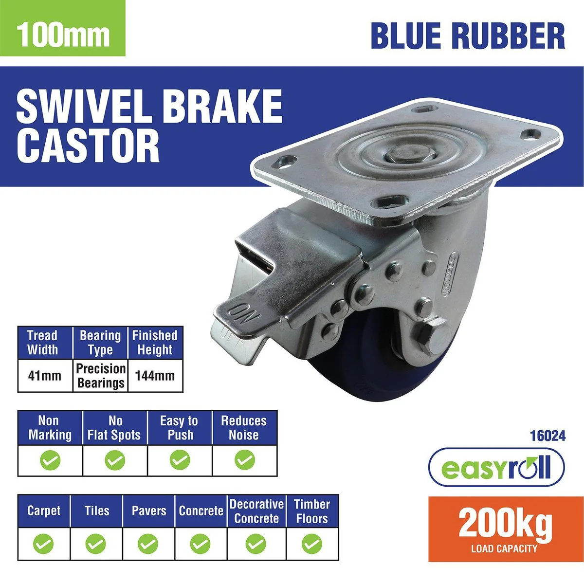 Easyroll Swivel Brake Castor - 100mm - Blue - Rubber - 200kg Load - Image 3