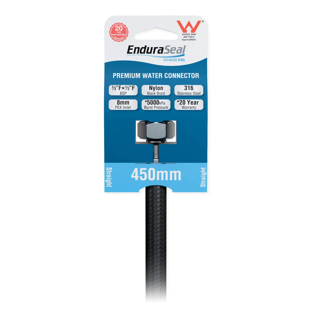 Enduraseal 450mm Black Premium Flexible Braided Water Connector - Durable - Rust Resistant - 1/2" BSP Fittings - Image 2