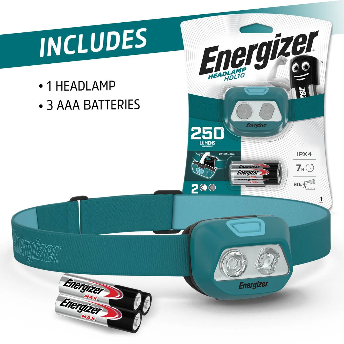 Energizer 250lm Headlamp HDL10 - LED - 60m Beam Distance - Water-Resistant - Image 2