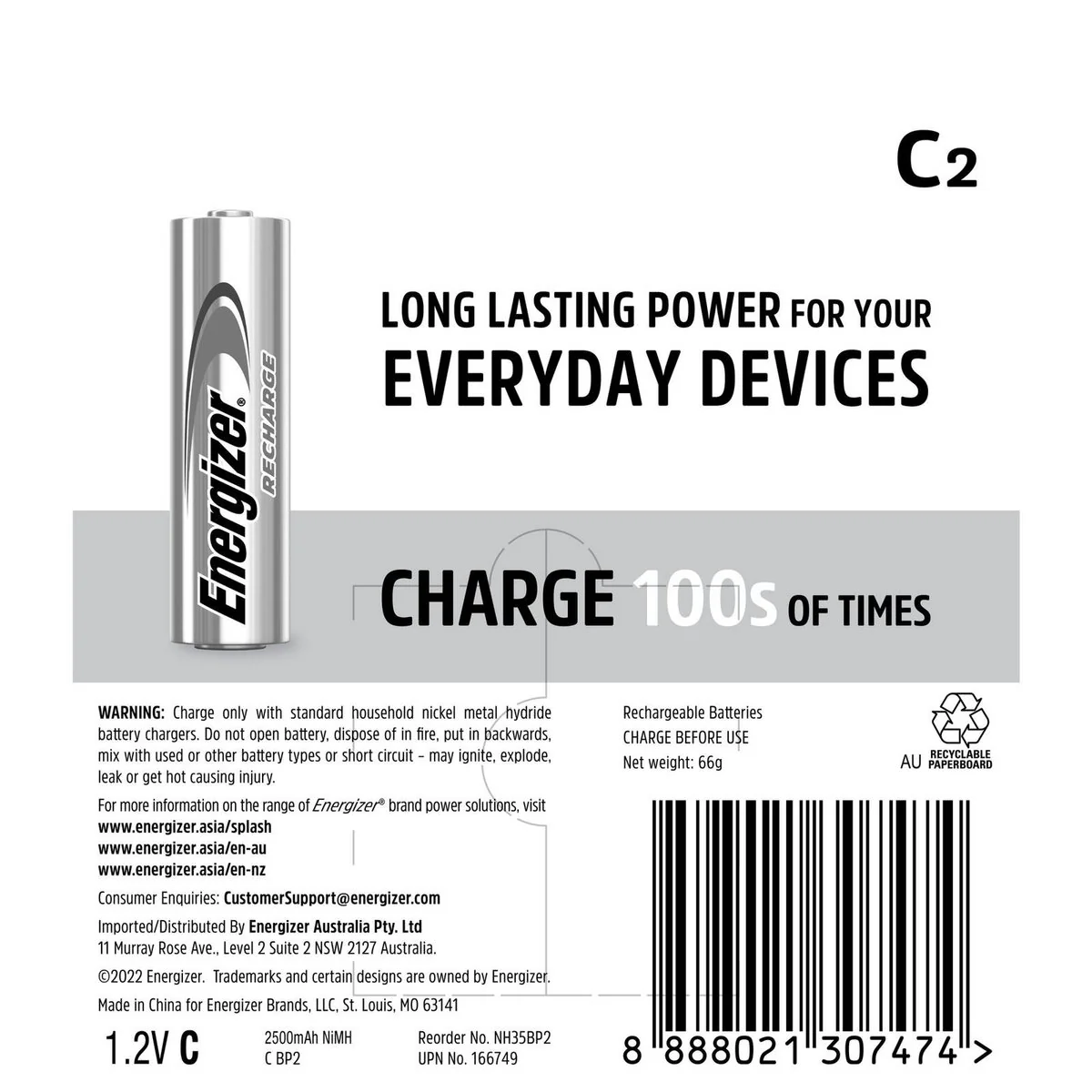 Energizer Recharge C Batteries 2 Pack - Reliable Power - 93.73mm x 107.95mm - Image 2