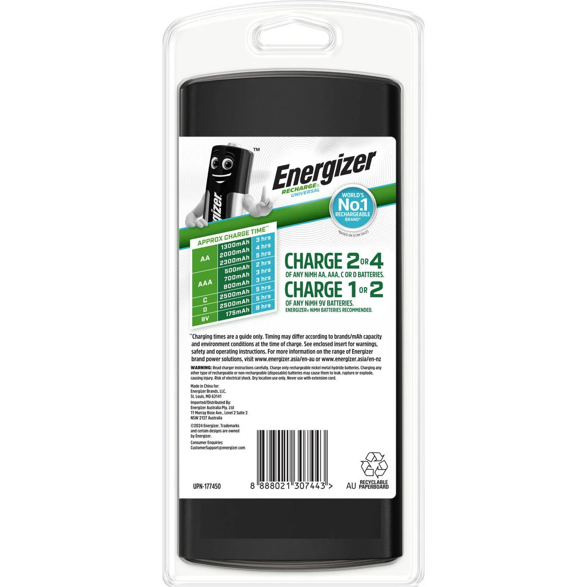 Energizer Recharge Universal Charger - 1 Pack - Charges AA, AAA, C, D, 9V Batteries - 124mm x 235mm x 70mm - Image 2