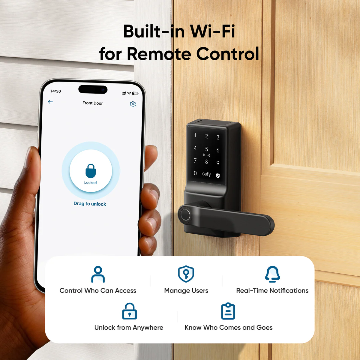 Eufy Black Security Smart Lever Lock c33 - Fingerprint Keyless Door Lock - 154mm x 184mm x 130mm - Auto-Lock - Wi-Fi Enabled - Waterproof - Image 4