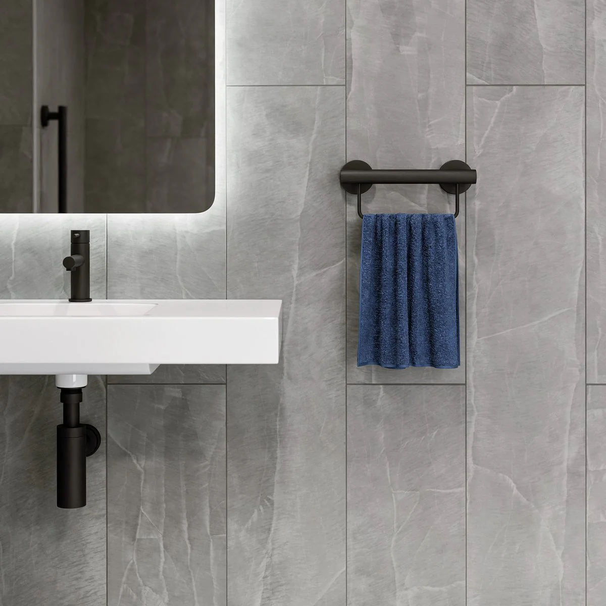 Evekare 300mm Black Towel Rail with Grab Rail - Stainless Steel - 250kg Capacity - Image 3